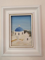 L. Katalin - Greek country, blue domed church, oil painting