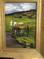 Hungarian ari: next to a clear spring, 50x35 oil, wood, equestrian picture