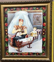 Margit Pető, writer, poet, naive painter: with the children of Ms. Matyó. Oil, wood fiber, in an antique frame.