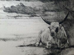 László Bencze: Hungarian bull - original marked etching