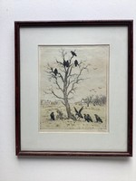 József Csillag (1894-1977), colored etching entitled Crows.