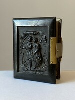 Loving couple antique carved wood covered photo photo album with copper buckle