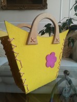 Yellow felt bag with flowers, wooden handle, handmade, handwork, craft bag