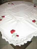 Beautiful handmade crocheted rose machine embroidered tablecloth
