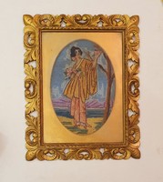 Florentin képkeret, Japán hölgy gobelinnel, antik, kézzel faragott keret 40 x 33 cm