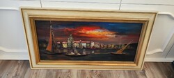 Nagyméretű, vitorlásokat ábrázoló festmény hajós festmény kép kikötő tenger