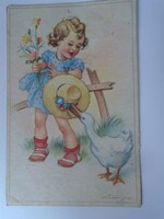 D195643  Kislány virággal, kalappal, libával - képeslap 1930-40's