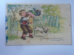 D195642  Kisfiú virággal, dobozokkal és  kutyával   névnapi képeslap 1930-40's