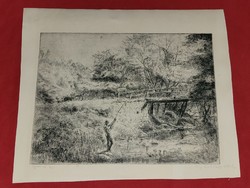 Erzsébet Weil of Asód: landscape with a fisherman's child, original etching