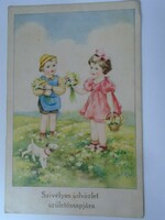 D195644  Kislány, kisfiú, virágcsokor, kutya -születésnapi képeslap 1940's