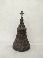 Antik patinás keresztény egyházi Jézus bronz kereszt csengő vallási szertartási eszköz 859 7404
