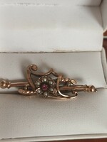 Antique Biedermeier handmade gilded copper brooch with cultured pearls and pink stone for sale!