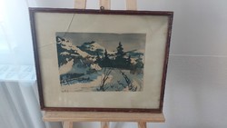 (K) old watercolor painting winter mountains with frame 51x42 cm, signed