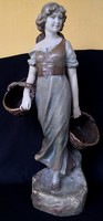 Dt/232 - girl with baskets - antique, Austrian glazed painted plaster sculpture