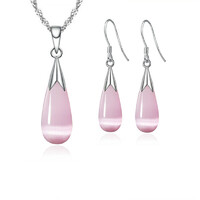 Silver jewelry set with pink waterdrop opal cat's eye stone