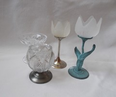 Fém talpas,réz,ón,tulipán alakú üveg mécsestartó,gyertyatartó 4db