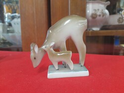 Zsolnay deer with kid, art deco porcelain figure.