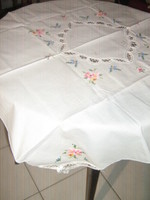 Beautiful vintage floral ribbon and cross-stitch embroidered white tablecloth