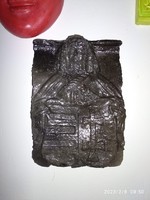 Fekete raku ? kerámia relief, magyar címerrel, lovaggal, falidísz, középkori csempe másolata