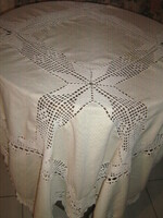 Beautiful antique hand-crocheted lace insert and crocheted edge butter yellow large tablecloth