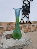 Retro zöld kék színátmenetes váza repesztett Gyönyörű  Fátyolüveg fátyol karcagi berekfürdői üveg
