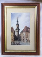 Sopron fire tower - print from colored etching, modern reproduction in glazed frame a26