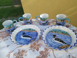 Sárospataki ceramics, hand-painted plate 2 pcs + glass 4 pcs for sale! Ceramic breakfast set
