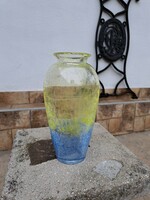 Retro sárga kék színátmenetes váza repesztett Gyönyörű  Fátyolüveg fátyol karcagi berekfürdői üveg