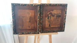 (K) 2 marked marquetry wall pictures with 31x37 cm frame