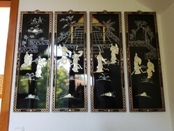Kínai,fekete lakk gésa alakos, gyöngyház berakásos kép sorozat,4 darab egyben/keleti,japán,ázsiai/