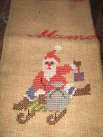 Beautiful antique woven hand-embroidered cross-stitch red-lined Santa bag