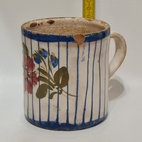 Folk, colorful flower pattern, blue striped, white glazed ceramic mug (2643)