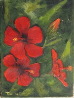 Tassos (Greek): red flowers - oil on canvas painting