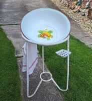 Metal Wash Basin Set with Sink Stand, Enamelled Wash Basin, Strawberry Towel, Soap Dispenser, Village Peasant Style