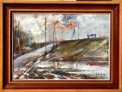 József Fodor (1935-2007): icy floodplain - oil painting, original, glazed frame