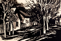 Bálványos huba (1938-2011): quiet street, 1964 - linoleum engraving