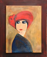 Evamaria Stollmayer: Piros kalapos nő, 2017 - olaj-vászon festmény