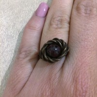 Handmade braided copper wire ring with dark brown agate