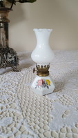 A rare square, mini kerosene lamp with a milk glass shade