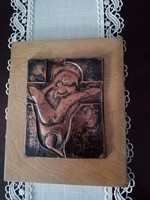 Old applied arts red copper relief - wall picture on a wooden board