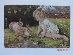 Régi, antik grafikus húsvéti képeslap, kislány nyuszikkal (1910-es évek)