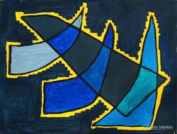Contemporary artist: blue-yellow-black fantasy - oil on canvas painting, marked
