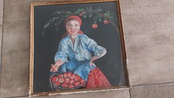 (K) Nő gyümölcsökkel festmény 47x48 cm kerettel