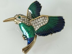 Vintage kolibri bross Swarovski kristályokkal és szintetikus smaragddal, 5 x 4,5 cm