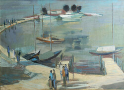 József Litkei (1924-1988) Tihany Harbor 86x106cm | Balaton pier boats sailing sailing ship