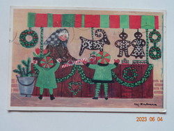 Régi grafikus karácsonyi üdvözlő képeslap - karácsonyi vásárlás (Kajl Bergman grafika)