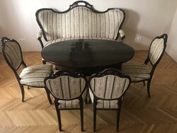 Antique sofa and chairs, made around 1850, with restored upholstery + table