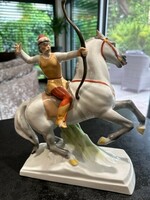 Herendi Nyilazó Ősmagyar Lovas Porcelánszobor - Jelzett, hibátlan! Ritka!