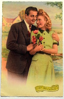 Régi romantikus színezett fotó képeslap  St Miklós ünnepére
