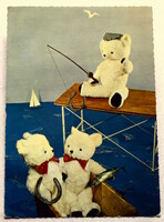 Old humorous photo postcard game teddy bears playing with lucky horseshoes